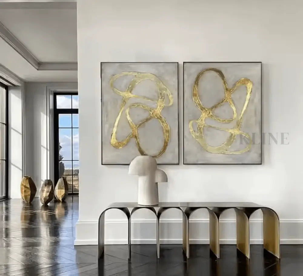 Golden Diptych - Hand Painting لوحة فنية جدارية كبيرة