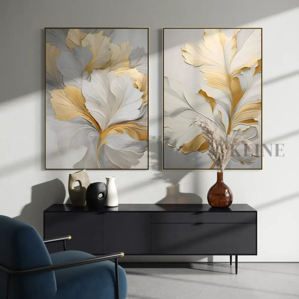 Golden Floral Diptych - Hand Painting 