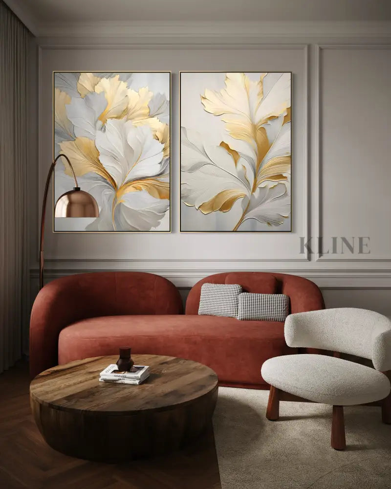 Golden Floral Diptych - Hand Painting 