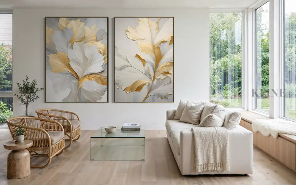 Golden Floral Diptych - Hand Painting 