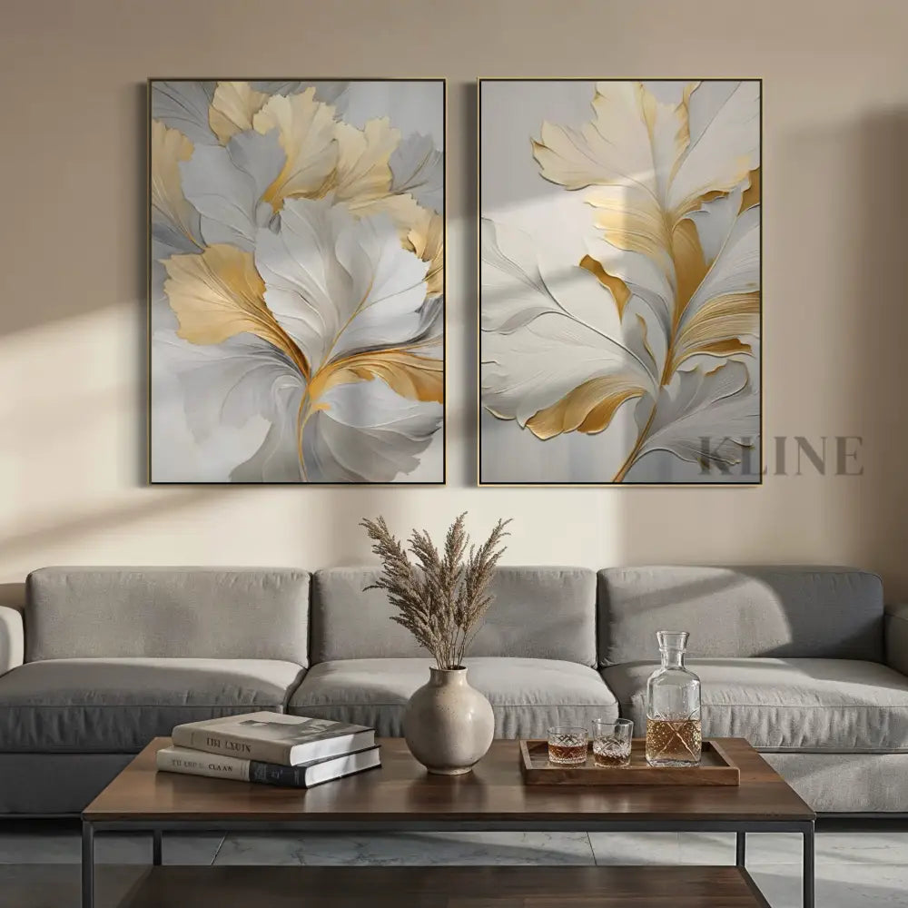 Golden Floral Diptych - Hand Painting 