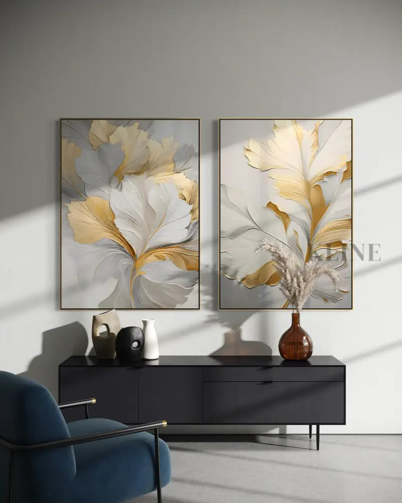 Golden Floral Diptych - Hand Painting 