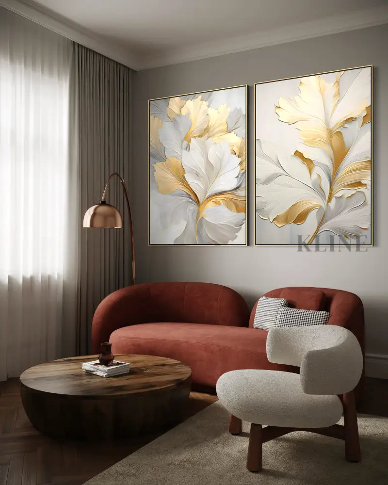 Golden Floral Diptych - Hand Painting 