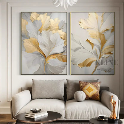 Golden Floral Diptych - Hand Painting
