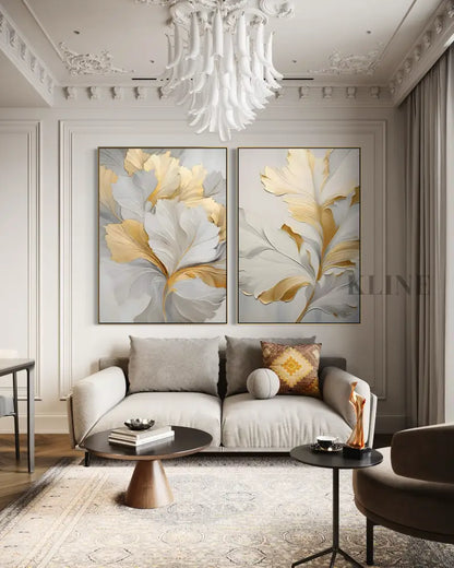Golden Floral Diptych - Hand Painting