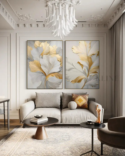 Golden Floral Diptych - Hand Painting