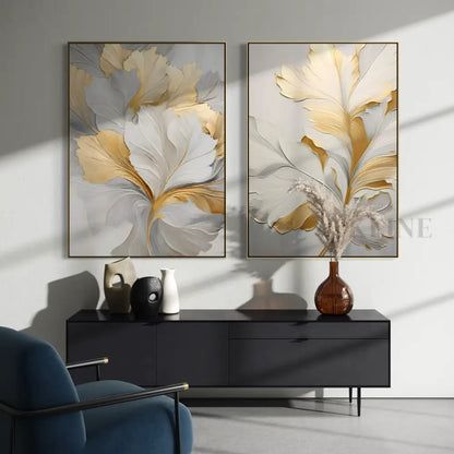 Golden Floral Diptych - Hand Painting