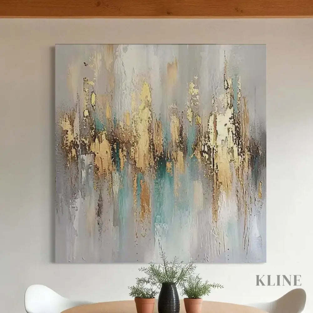 Abstract artwork featuring warm gold and amber tones, evoking the serene glow of dusk in a modern setting. 
