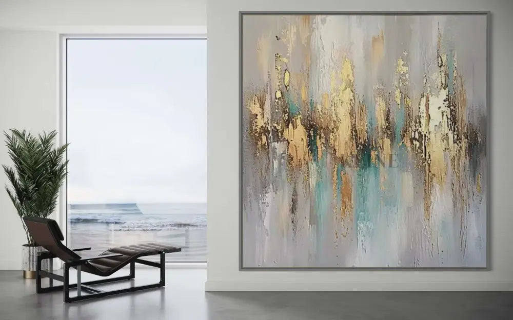 Abstract artwork "Golden Hour in Bloom" showcasing warm gold and amber hues in a serene coastal interior.