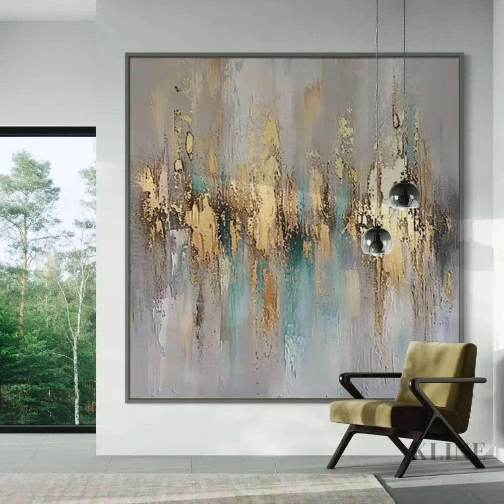 Abstract artwork "Golden Hour in Bloom" featuring warm gold, amber, and teal tones in a modern interior setting. 