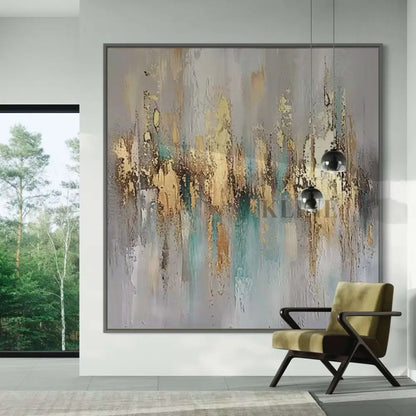 Abstract artwork "Golden Hour in Bloom" featuring warm gold, amber, and teal tones in a modern interior setting.