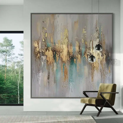 Abstract artwork "Golden Hour in Bloom" featuring warm gold, amber, and teal tones in a modern interior setting.