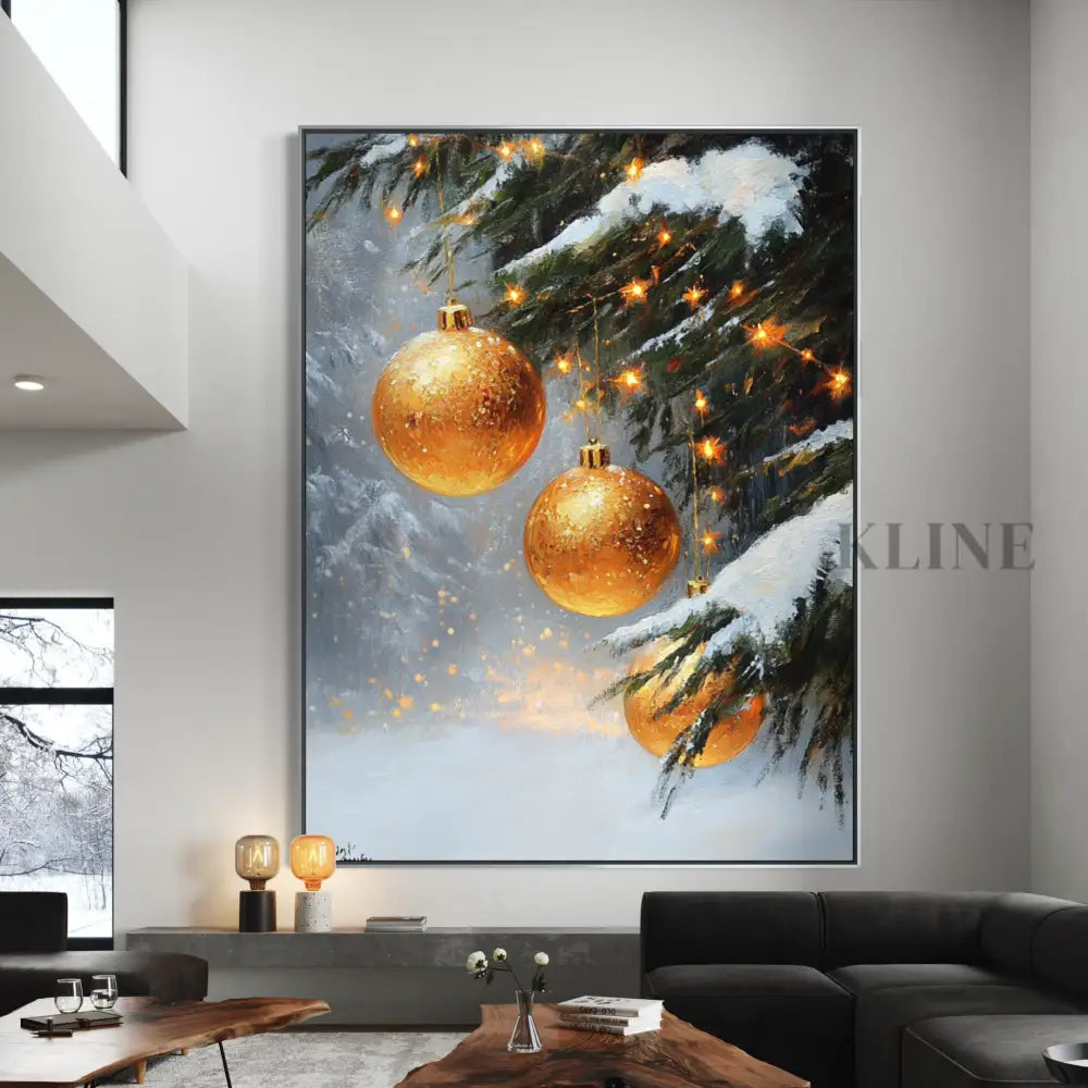Golden Ornaments in Snow - Hand Painting Winter Wall Art