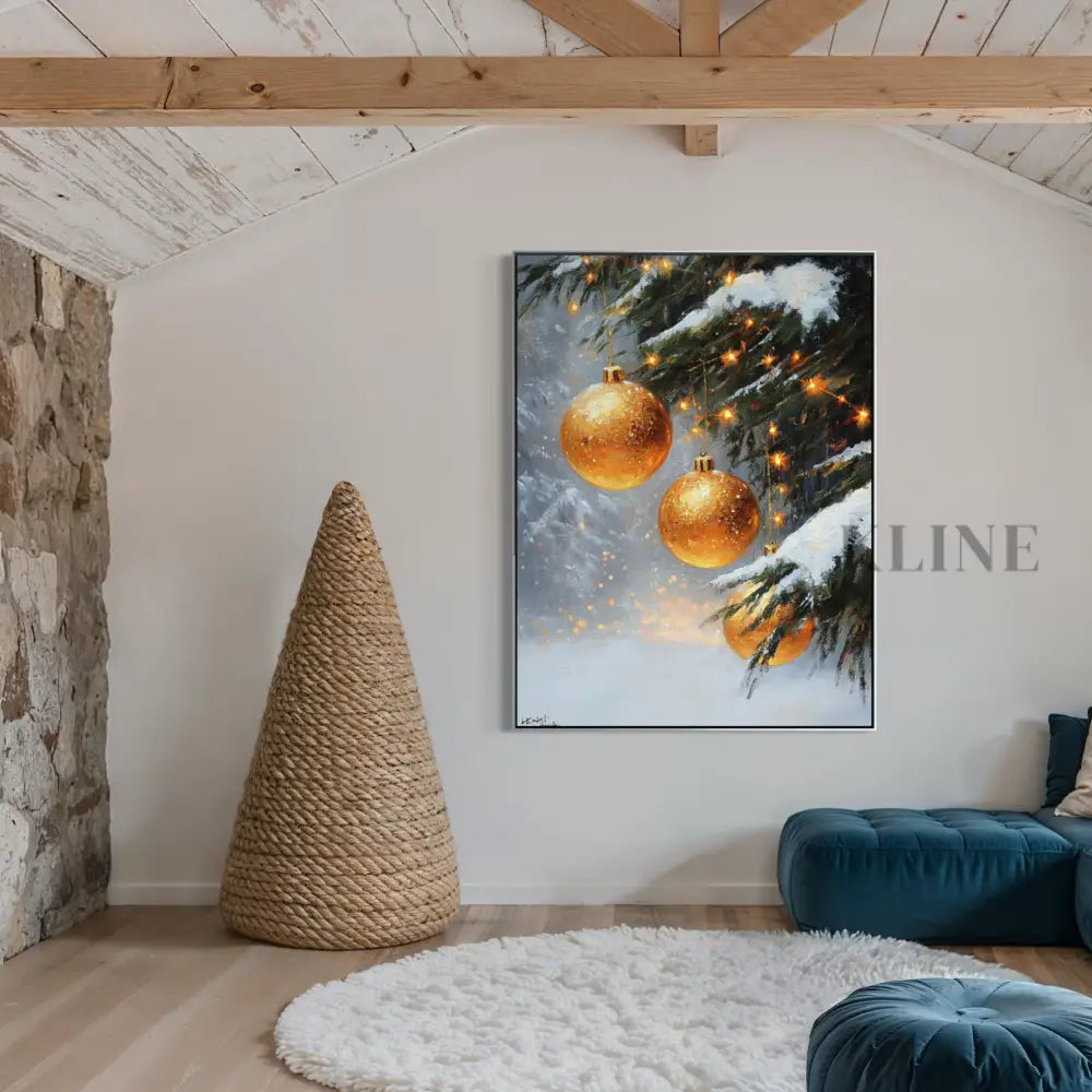 Golden Ornaments in Snow - Hand Painting Winter Wall Art