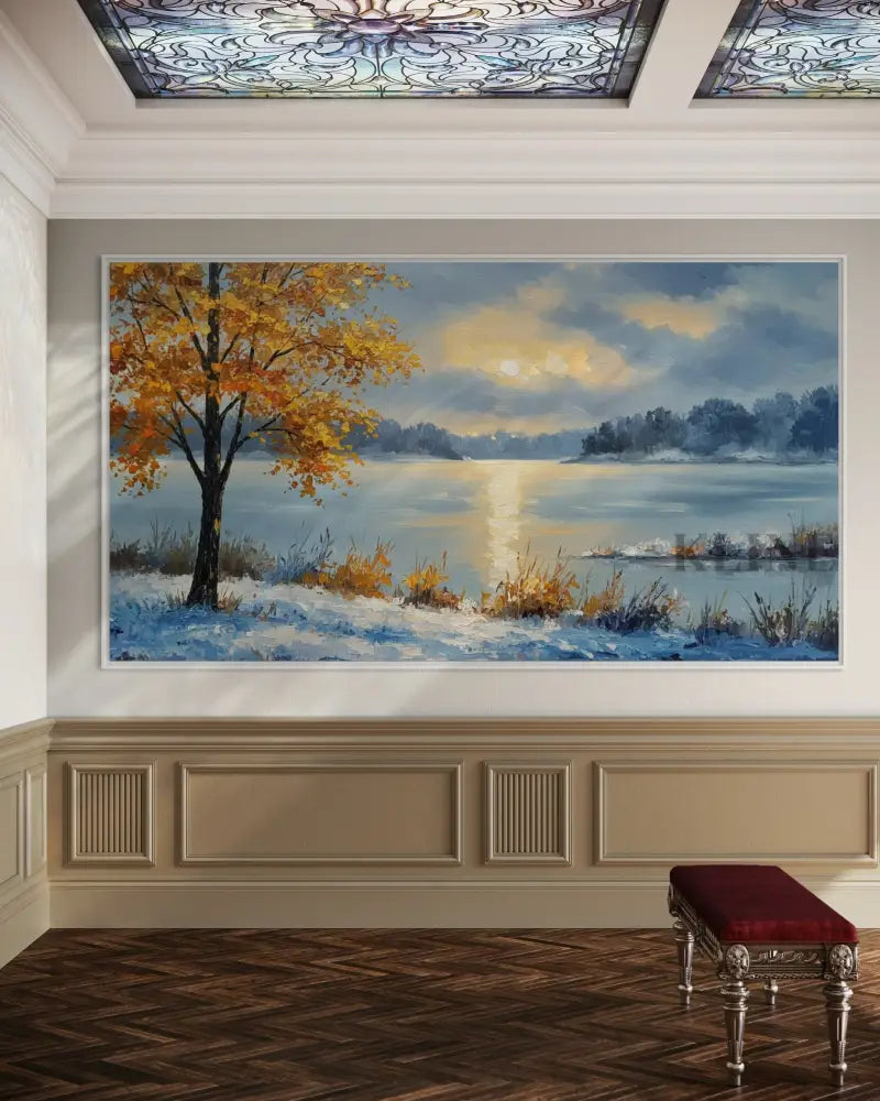 Golden Sentinels by the Frozen Mirror - Hand Painting 