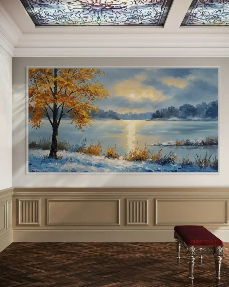 Golden Sentinels by the Frozen Mirror - Hand Painting Sunset Paintings