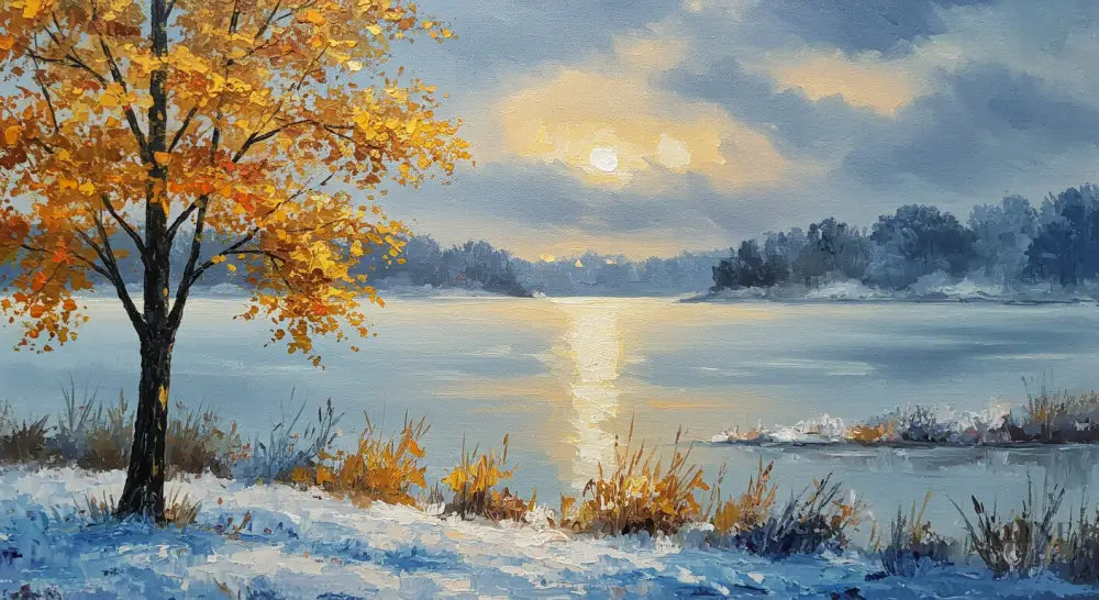 Golden Sentinels by the Frozen Mirror - Hand Painting