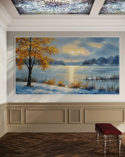 Golden Sentinels by the Frozen Mirror - Hand Painting