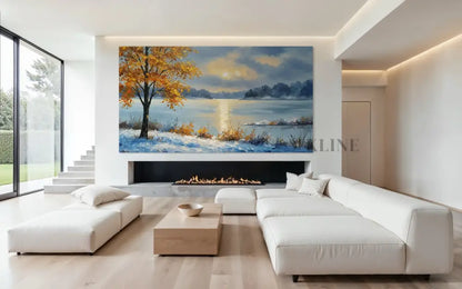 Golden Sentinels by the Frozen Mirror - Hand Painting