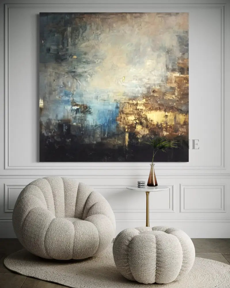 Hand-painted abstract wall art by Kline Collective, featuring golden sparks on canvas, elegantly displayed in a modern interior. Grand art mural