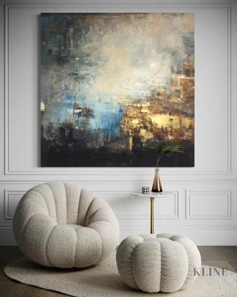 Hand-painted abstract wall art by Kline Collective, featuring golden sparks on canvas, elegantly displayed in a modern interior.