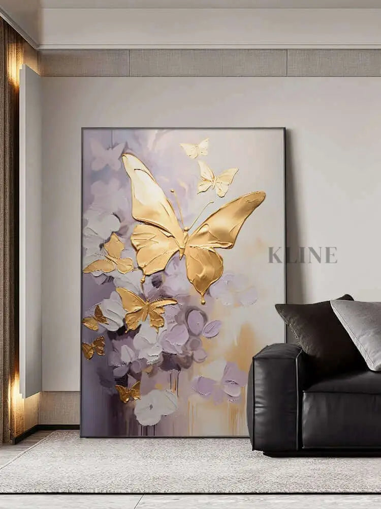 Golden Wings artwork featuring golden butterfly wings on a purple background, adding elegance to home decor. Grand art mural