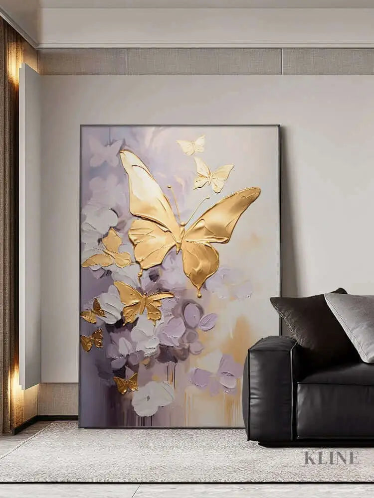 Golden Wings artwork featuring golden butterfly wings on a purple background, adding elegance to home decor. 