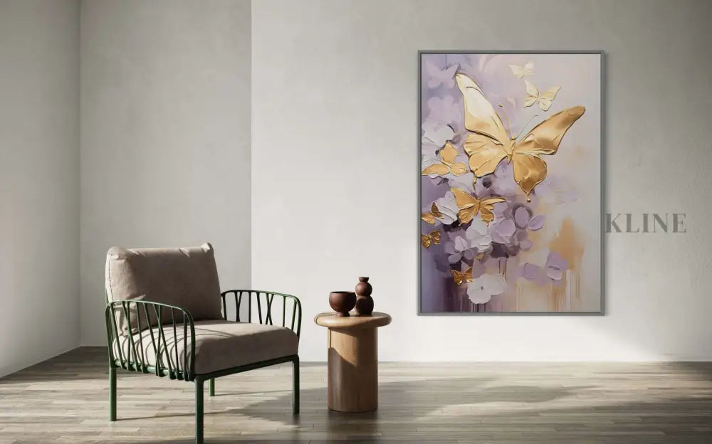 Golden Wings artwork featuring golden butterfly wings on a purple background, enhancing home décor elegance. Dining Room Wall Art