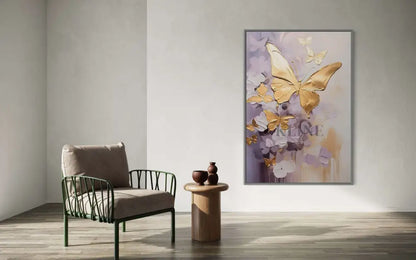 Golden Wings artwork featuring golden butterfly wings on a purple background, enhancing home décor elegance.