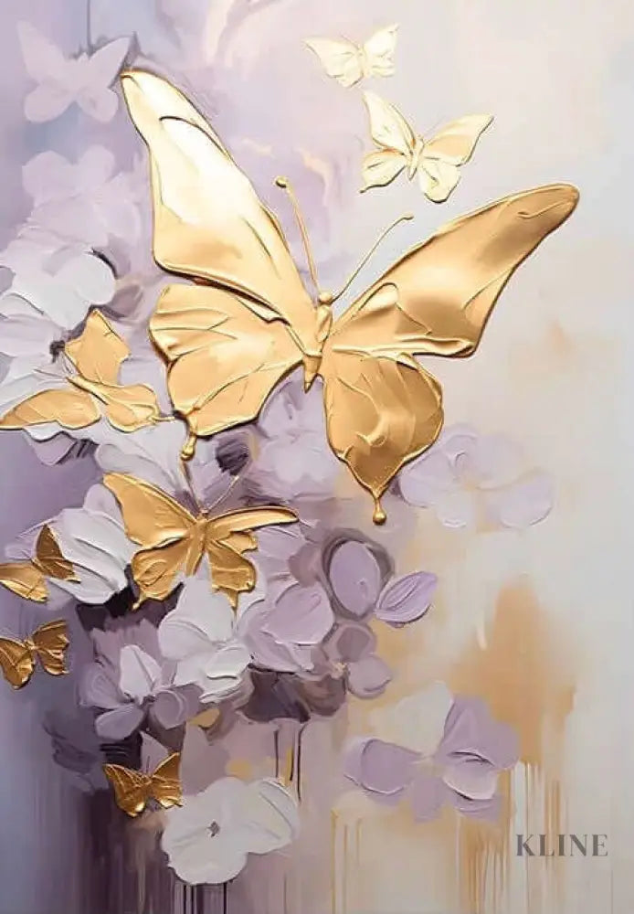 Golden Wings artwork featuring elegant golden butterflies on a purple background, adding luxury to home decor. 