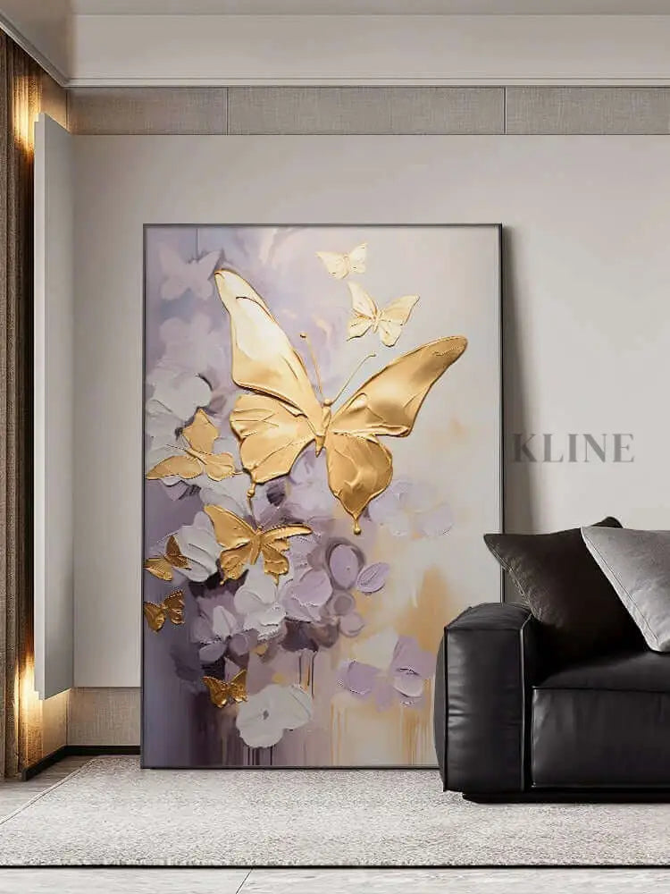 Golden Wings artwork featuring golden butterfly wings on a purple background, adding elegance to home decor. Dining Room Wall Art