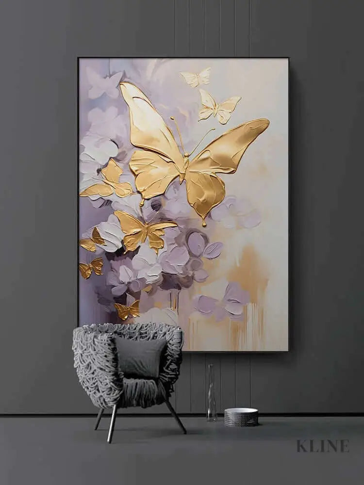 Golden Wings custom artwork featuring golden butterflies on a purple background, enhancing elegant home décor.