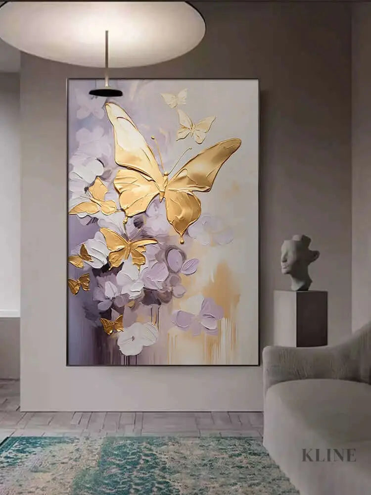 Golden Wings custom artwork featuring elegant golden butterflies against a rich purple background, perfect for luxury home décor. 