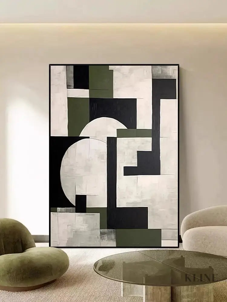 Green Geometry Abstract Art - Hand Painting テクスチャーのあるウォールアート