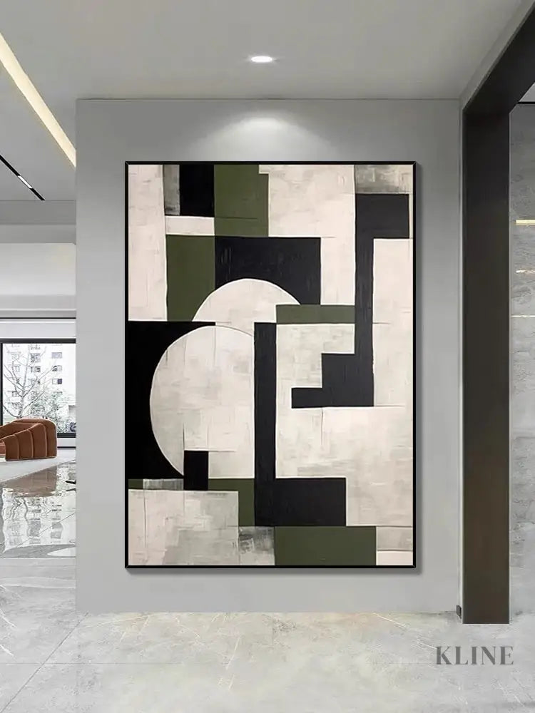 Green Geometry Abstract Art - Hand Painting テクスチャーのあるウォールアート