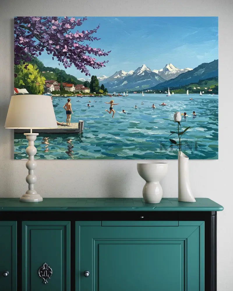 Lakeside Recreation - Hand Painting Arte de la pared del salón