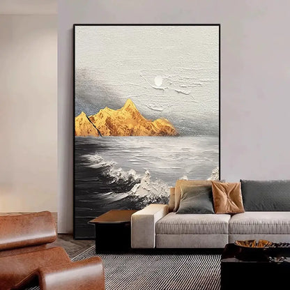 Landscape Black and White Golden Textured Oil Painting - Hand Painting