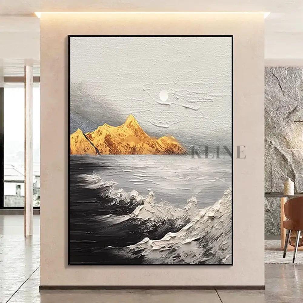 Landscape Black and White Golden Textured Oil Painting - Hand Painting