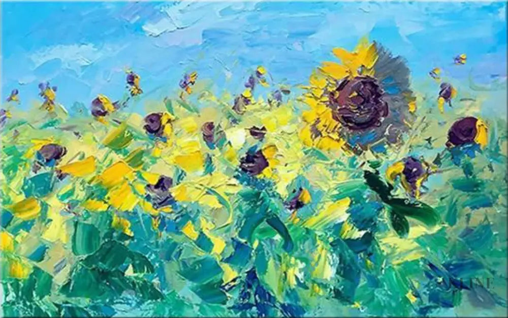 Hand-painted sunflower field wall art by Kline Collective, vibrant colors on museum-quality canvas. テクスチャーのあるウォールアート