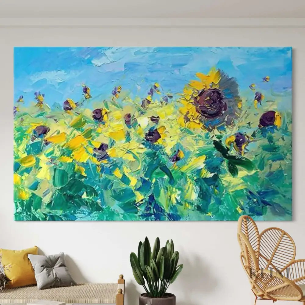 Vibrant sunflower wall art in a living room, hand-painted with a lively blue background, enhancing home decor. テクスチャーのあるウォールアート
