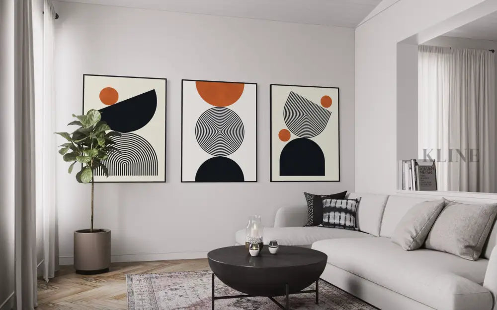 Lines and Circles Triptych - Hand Painting Minimalistische Malerei