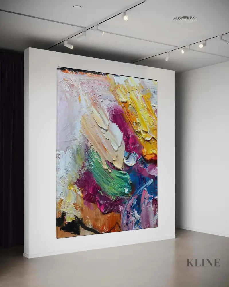 Hand-painted wall art in vibrant colors displayed in a modern gallery setting, enhancing home decor. 