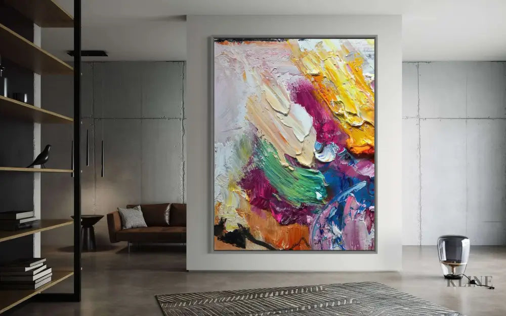 Vibrant hand-painted wall art titled Marrakech, enhancing modern living space with bold colors and texture. 