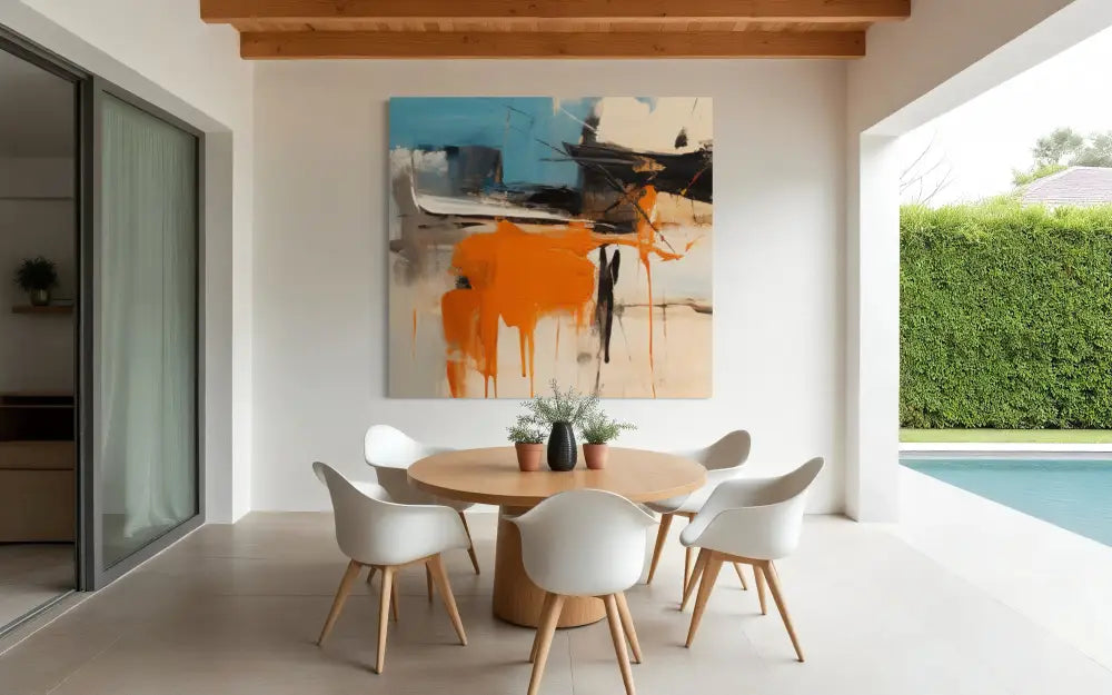 Molten Fury hand-painted wall art by Kline Collective® in modern dining area with orange and blue tones. 