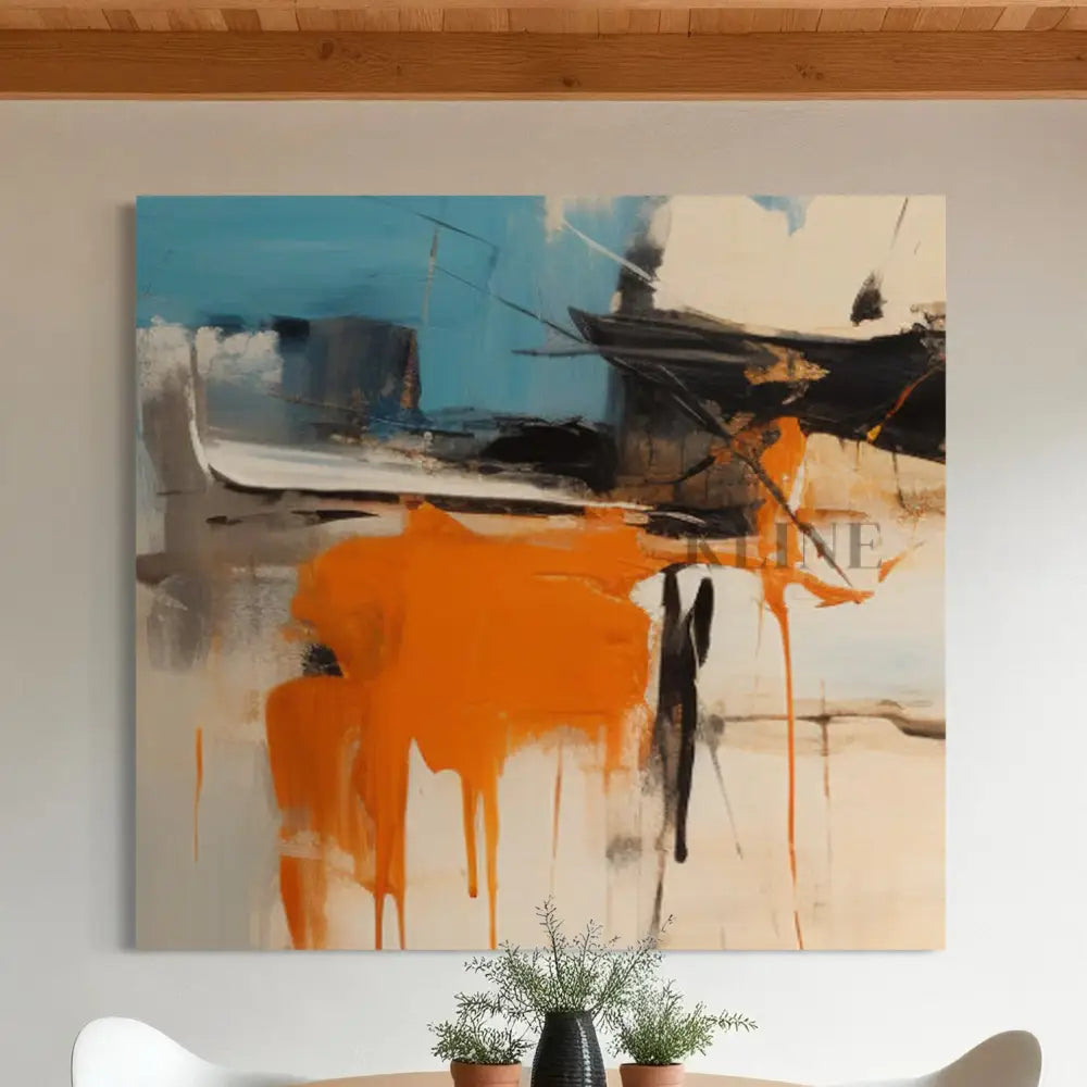 Molten Fury wall art by Kline Collective, hand-painted with non-toxic acrylic on canvas, vibrant orange and blue tones. 大きなウォールアート