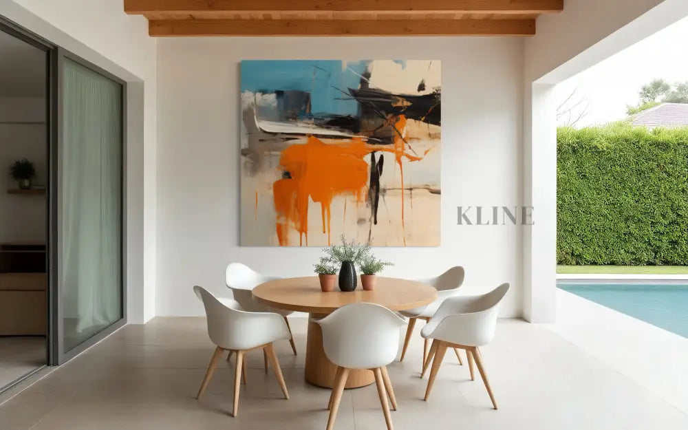 Molten Fury hand-painted wall art by Kline Collective® in modern dining area with orange and blue tones. 大きなウォールアート