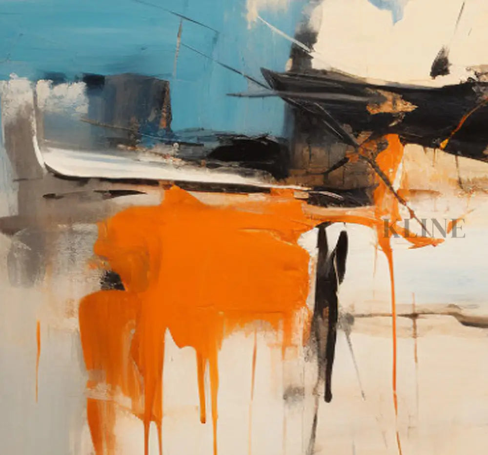 Molten Fury abstract wall art by John Rey U. Hand-painted acrylic on canvas with vibrant orange and blue hues.