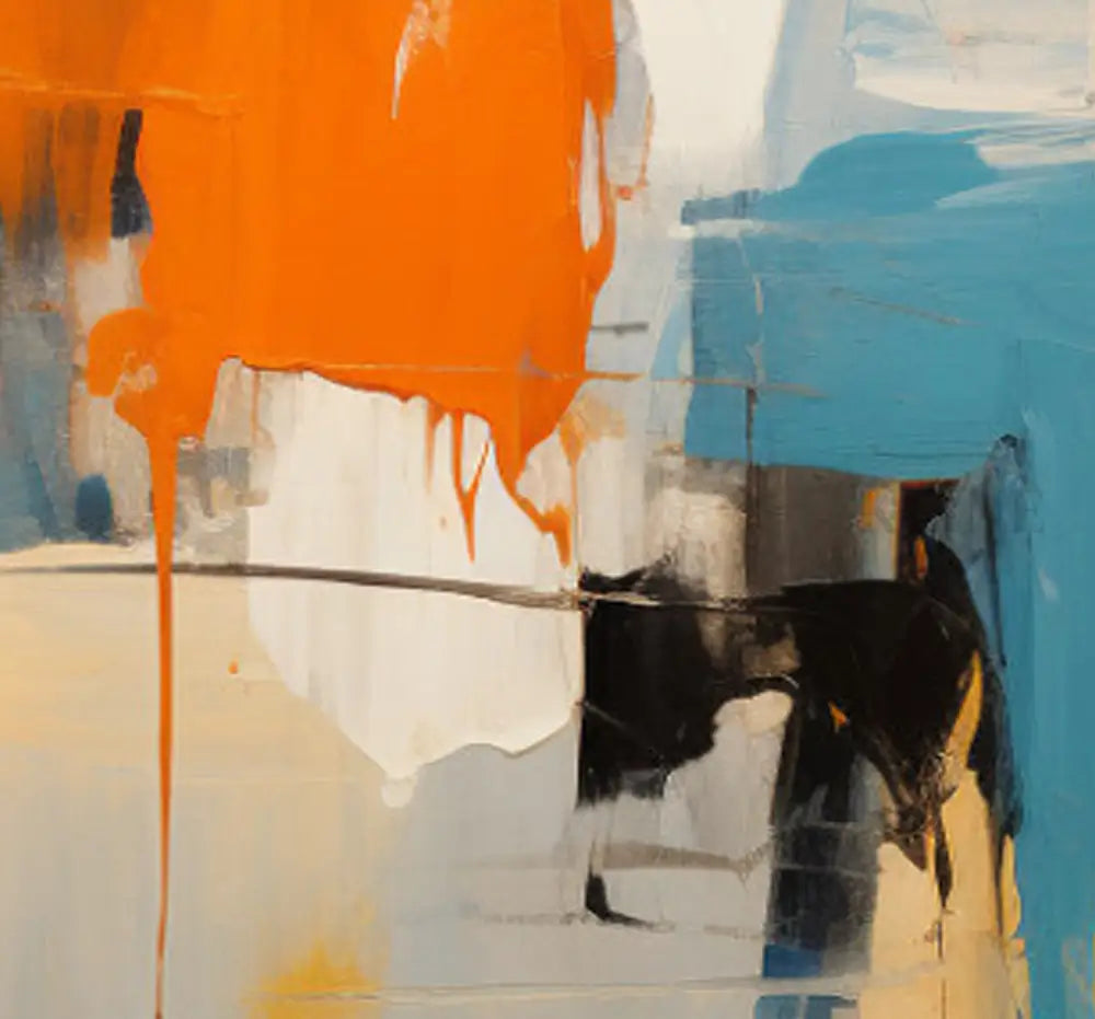 Molten Fury 2 hand-painted wall art by Kline Collective, featuring bold orange and blue hues, ready to elevate your space. Original Paintings for Sale