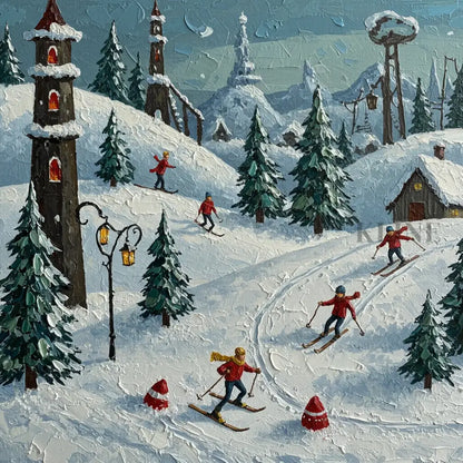Moonlit Ski Village - Hand Painting