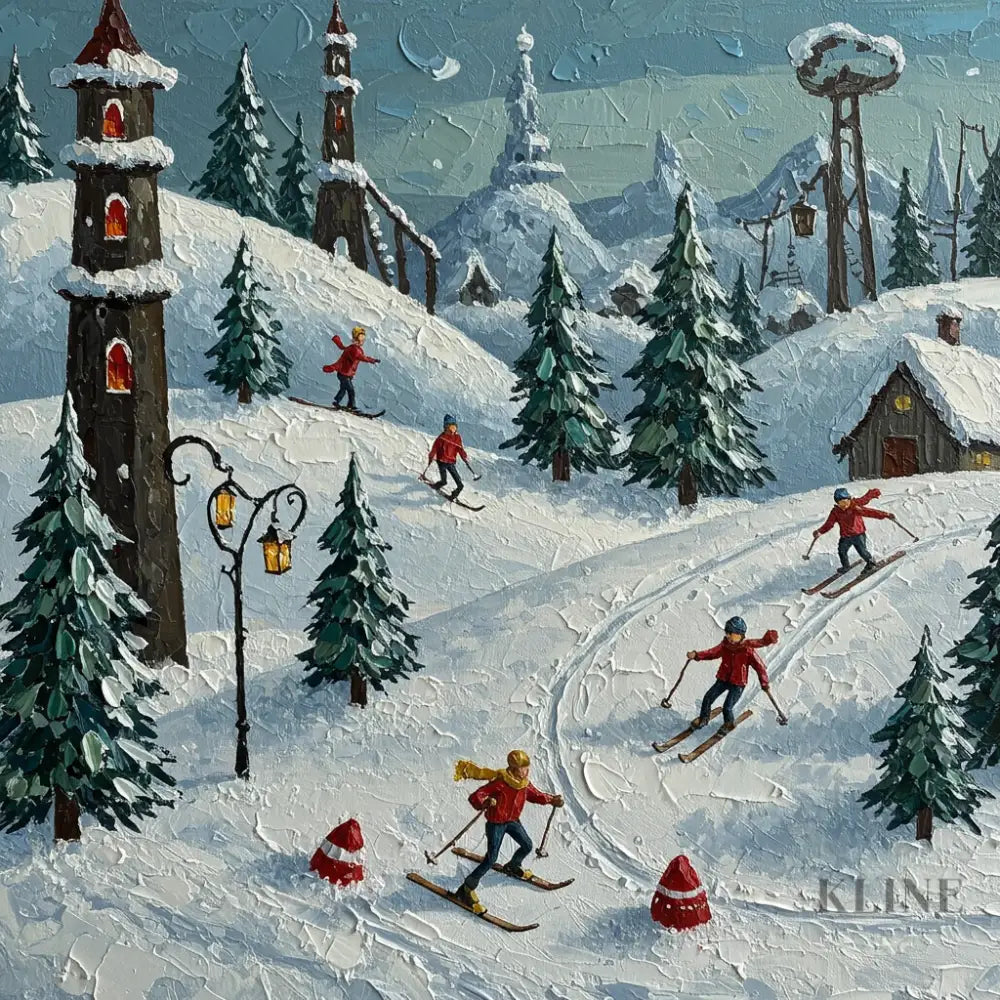 Moonlit Ski Village - Hand Painting 